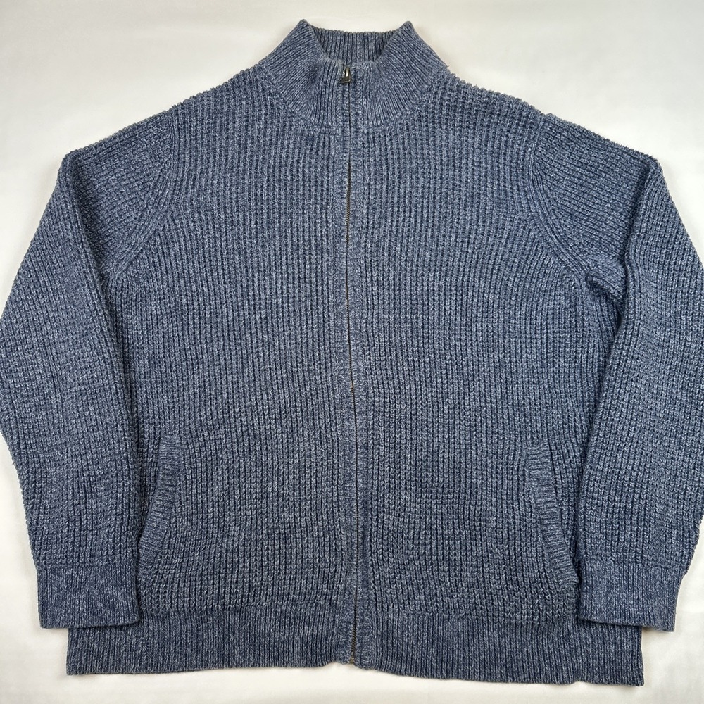 LL Bean Sweater Mens Sz XL Blue Organic Cotton Waffle Full Zip Heavy Fisherman